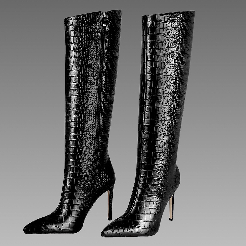 Elegant Black Croc-Embossed Heeled Boots